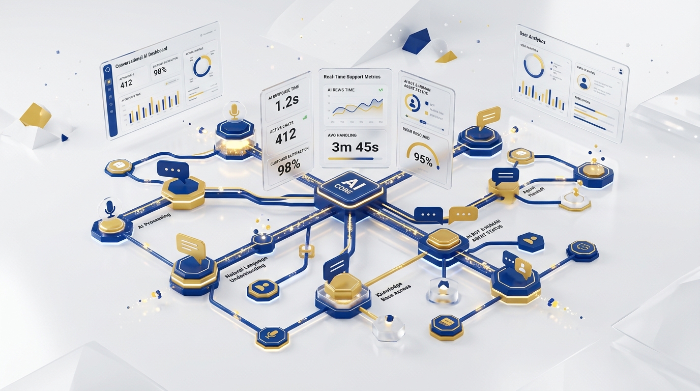 3D digital illustration of conversational AI support matrix and workflow nodes